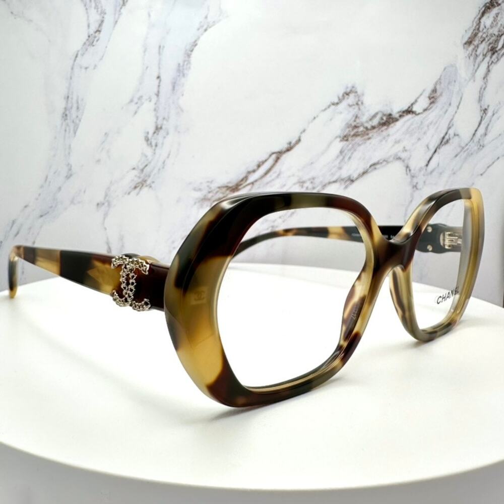 New CHANEL Eyeglasses Brown Gold Chain CC Square Acetate Womens - Picture 15 of 16